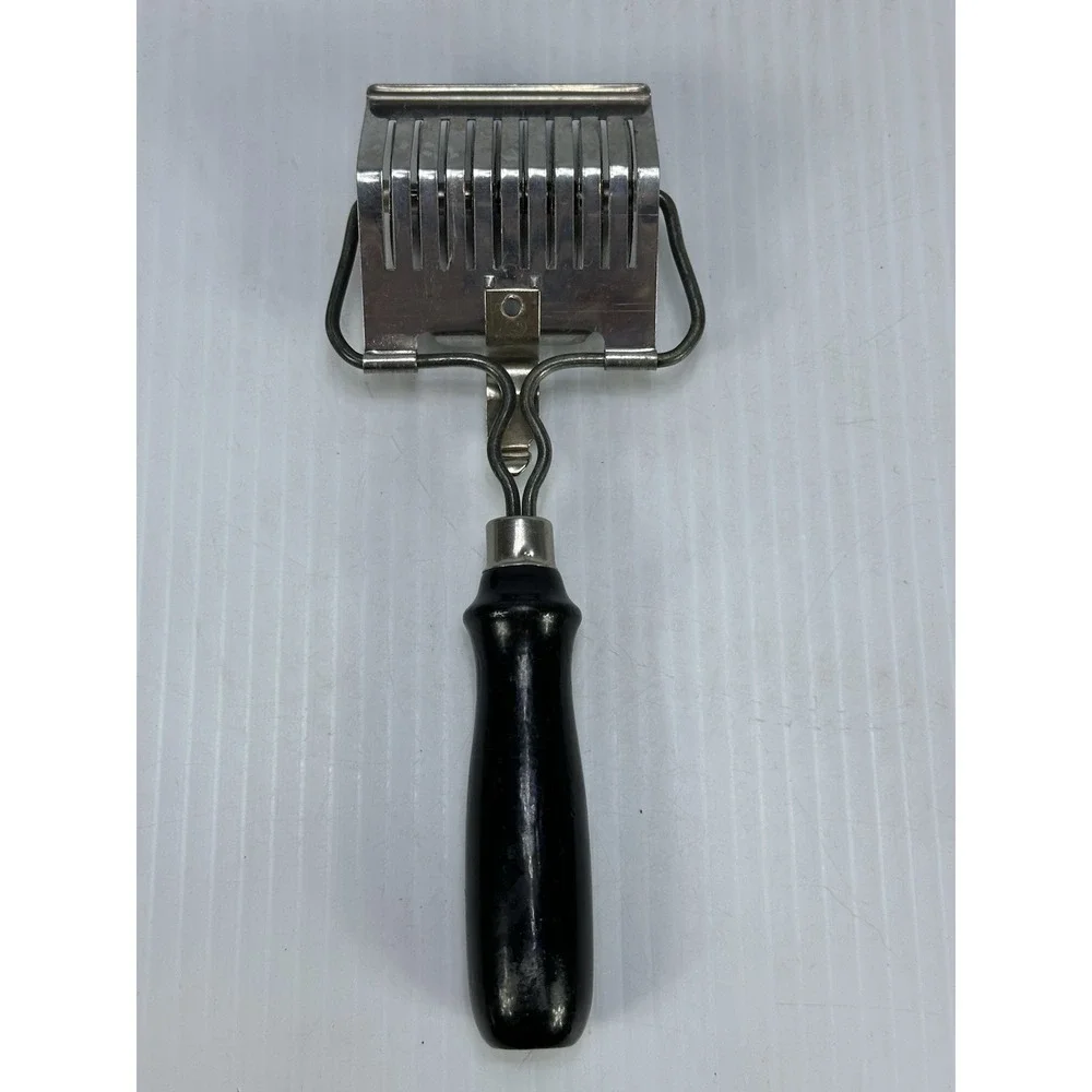 Vintage Antique Stainless Metal Pasta Pastry Cutter Roller Black Wood Handle USA